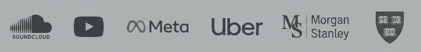 Logos of SoundCloud, Meta, YouTube Music, Uber, Morgan Stanley, Harvard University, and Fordham University representing the career pedigree of Dion Baez.